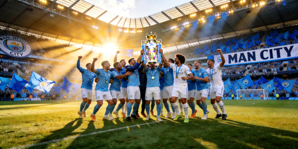 曼城全队在伊蒂哈德球场捧杯庆祝胜利
